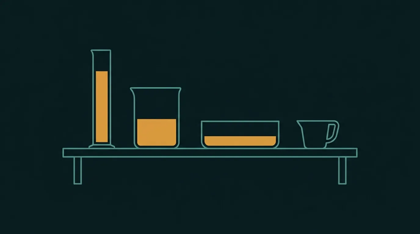 The same liquid in a narrow cylinder, a beaker and a wide dish at three heights: one figure, three denominators