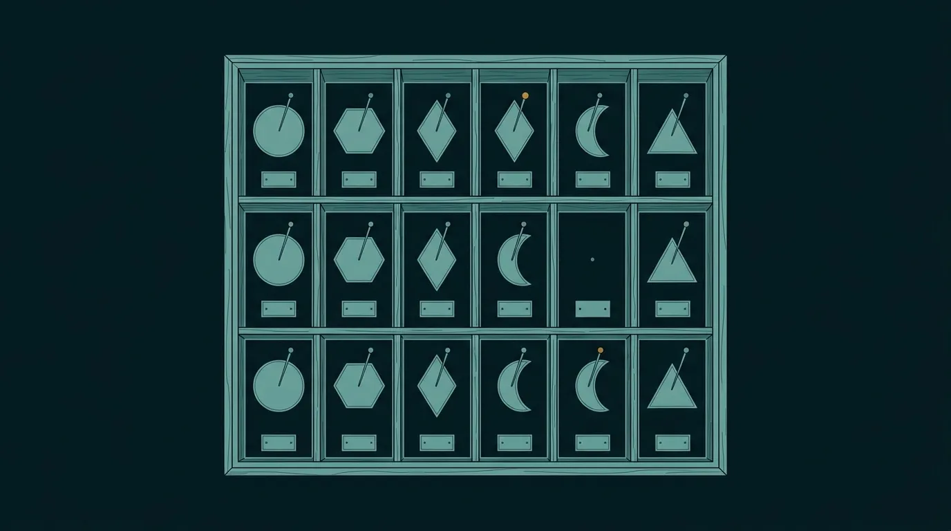 A specimen tray of pinned geometric shapes, each with a blank label, one compartment empty: metrics defined precisely