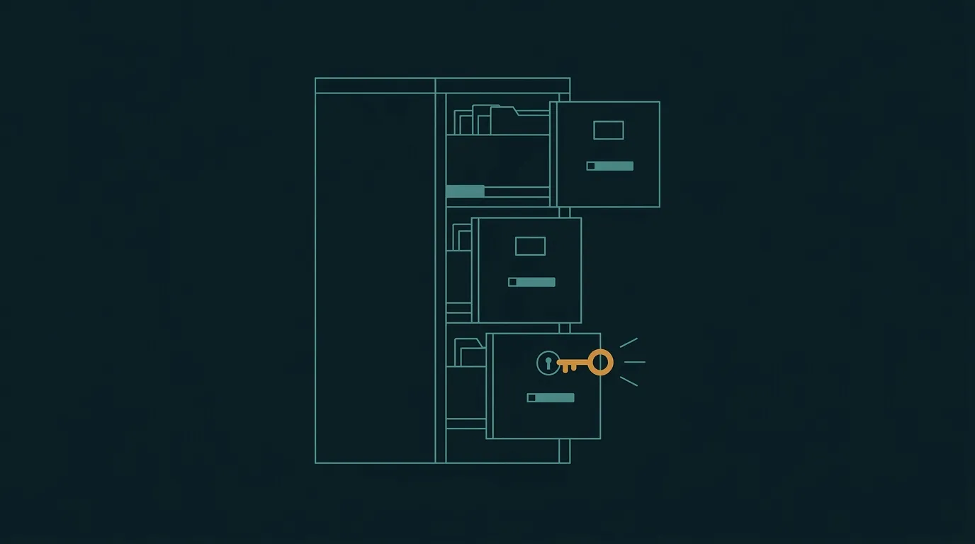 An archive cabinet with two drawers already open and a third just unlocked by an amber key: reposts newly counted