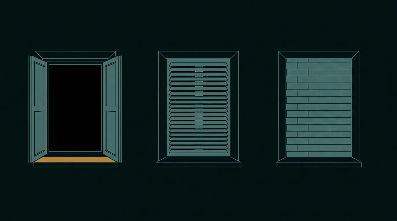 Three windows in a dark wall: one open, one louvred, one bricked up: what the API shows, partly shows and never shows