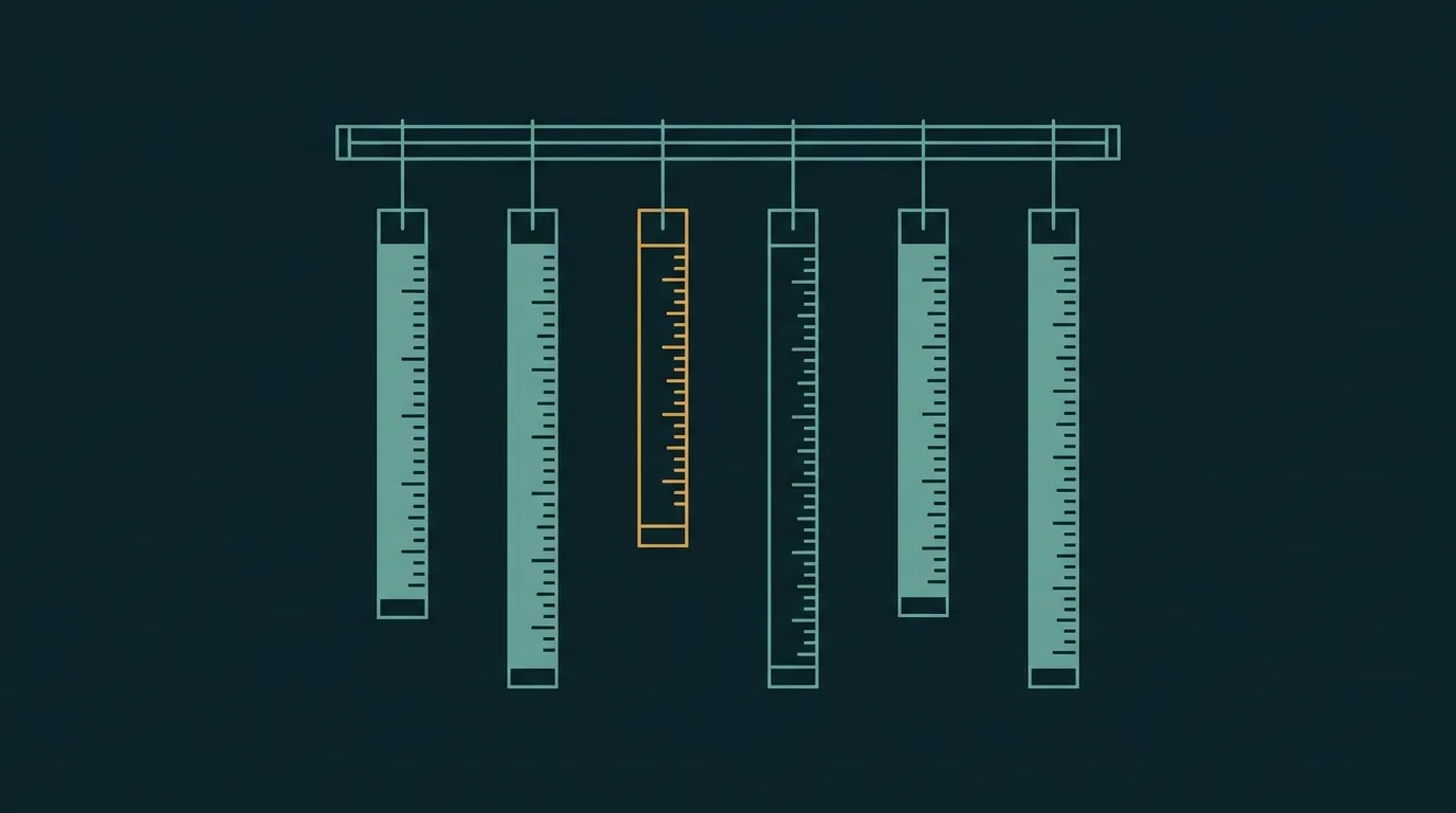 Six measuring tapes hanging from a rail, each with different tick spacing, one amber: benchmarks measuring different things