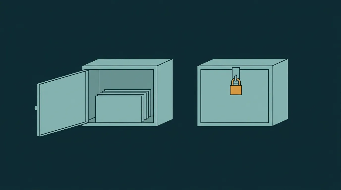 Two post boxes: yours open with envelopes inside, the other shut with an amber padlock: saves visible only to their owner