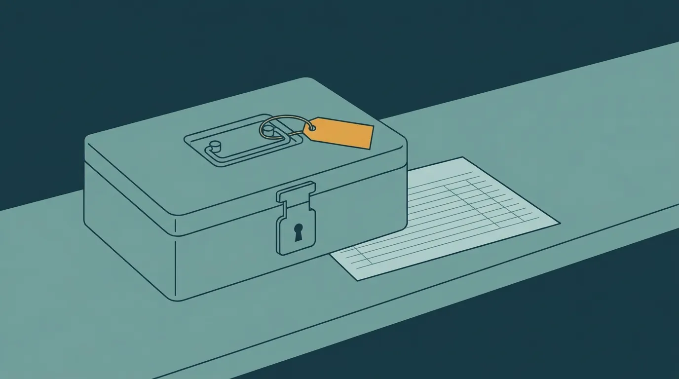 A locked strongbox on a counter with a small amber price tag on its handle and a blank manifest card beside it: a paid tier that hands you your own numbers in a box whose contents are not listed