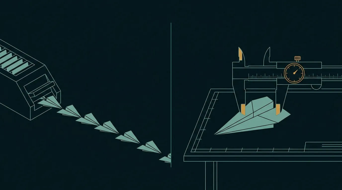 Paper aeroplanes launched from a dispenser on the left; one aeroplane under calipers on the right: publish or measure