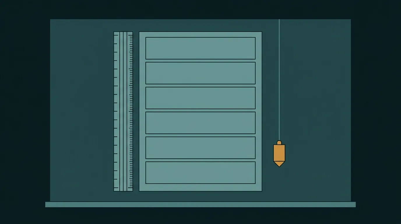 A blank sheet ruled into six panels with a ruler and a plumb line beside it: the structure of a client report