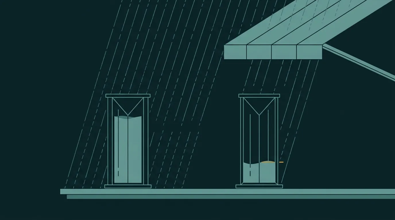 Two rain gauges in the same shower filled to different levels, one partly under an awning: two honest readings
