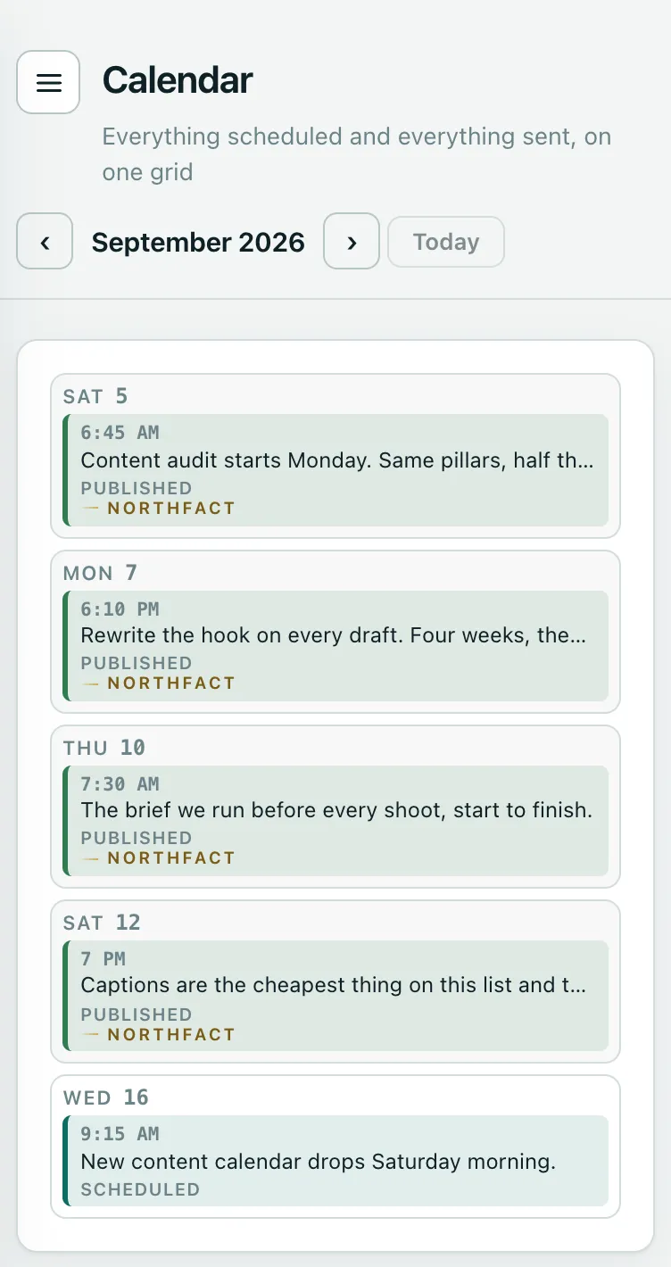 The Northfact calendar on a phone, listing September 2026 day by day: four posts already published on Saturday the 5th, Monday the 7th, Thursday the 10th and Saturday the 12th, and one scheduled for Wednesday the 16th, each row carrying its time, its caption and whether it went out or is still to go.